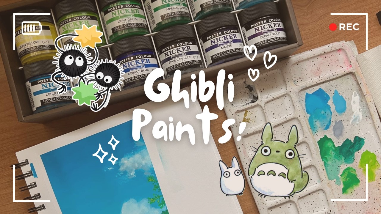 Nicker Poster Colour Paints ✨ swatching & painting a Ghibli inspired landscape
