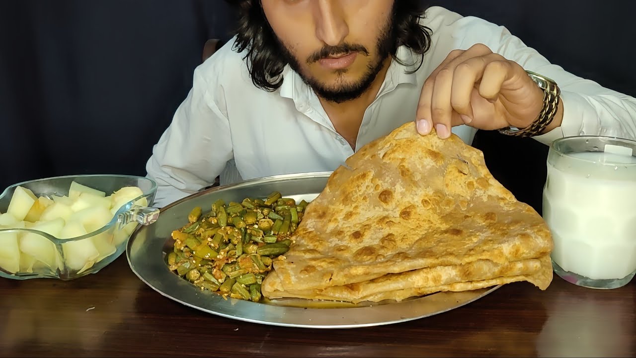 ASMR EATING BINDI WITH PARATHA, KHURBOOZA & COLD LASSI | NO TALKING EATING SOUNDS ONLY