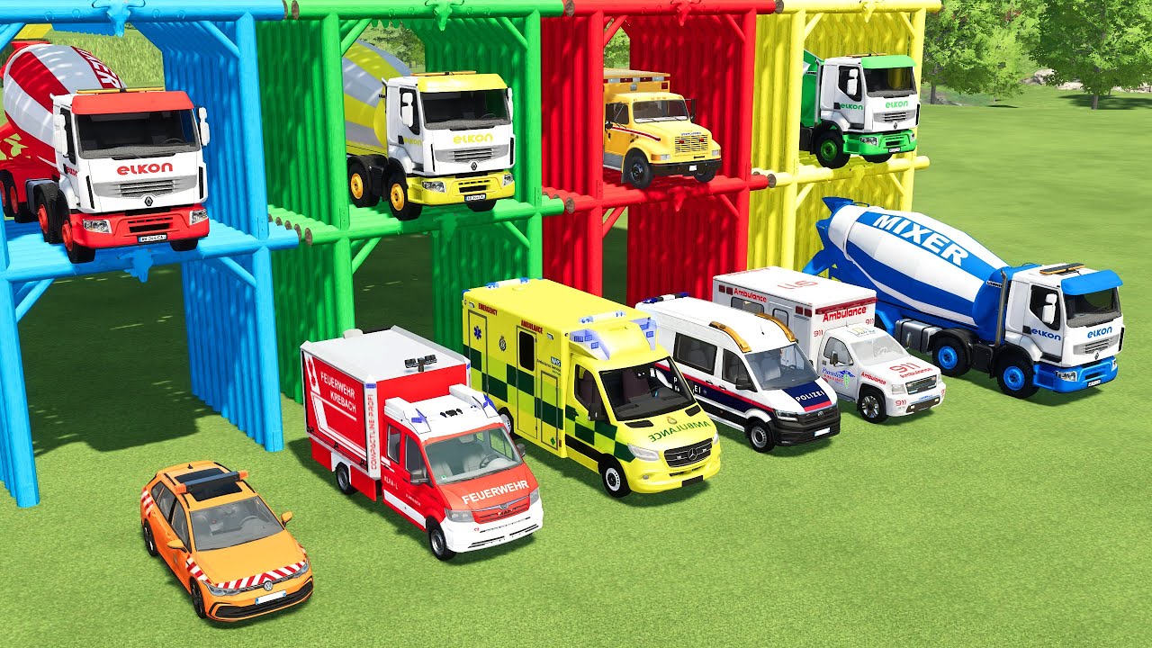 TRANSPORTING AMBULANCE, MIXER TRUCK, FIRE DEPARTEMENT, FIRE TRUCK TO GARAGE | FS22 SIMULATOR 22