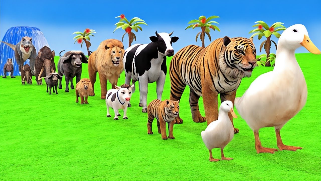 long Slide Game With Cow  Elephant  Lion Chicken Bull Daino - 3D Animal Game - Funny 3D Animals