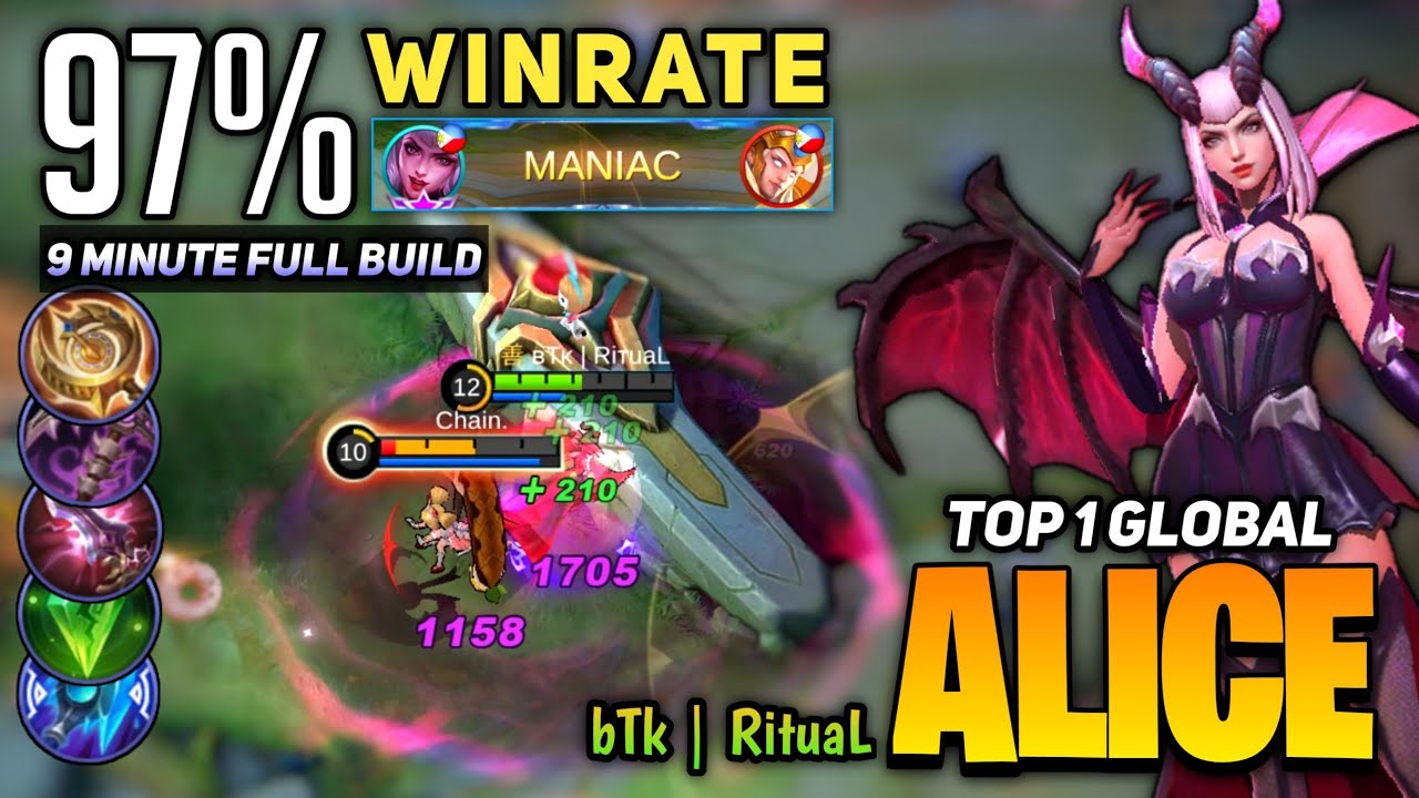 MANIAC! 97% Winrate Alice Best Build 2021 [ Top 1 Global Alice Gameplay ] by ʙTᴋ | Ritual - MLBB