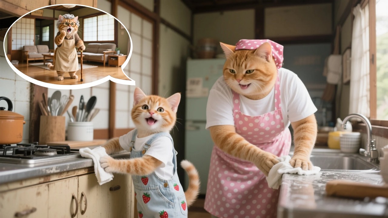 Ginger Kitten and Mama Cat Help Poor Old Cat😿💕