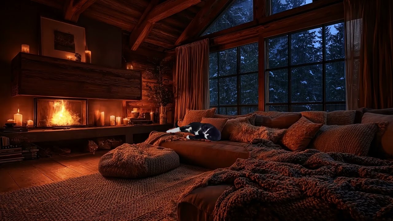 Cozy Gale Cabin Autumn Rain on Window & Crackling Fireplace for Deep Sleep | 3 Hours Ambience