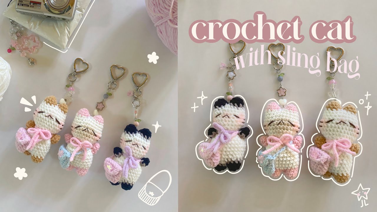 How to crochet a grumpy cat with sling bag (small plushie / keychain) | amigurumi tutorial
