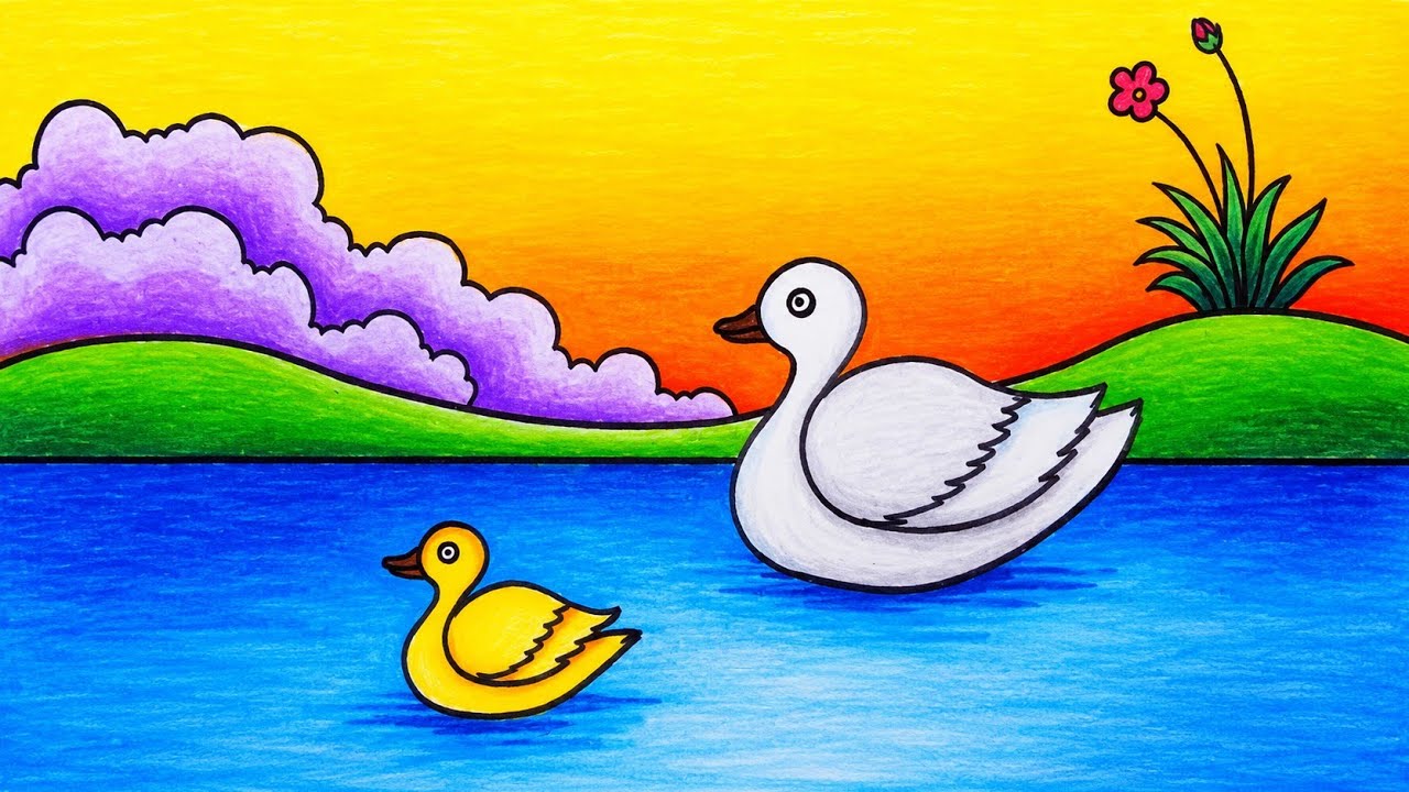 How to Draw Duck Scenery Step by Step | Easy Scenery Drawing of Two Ducks in the River