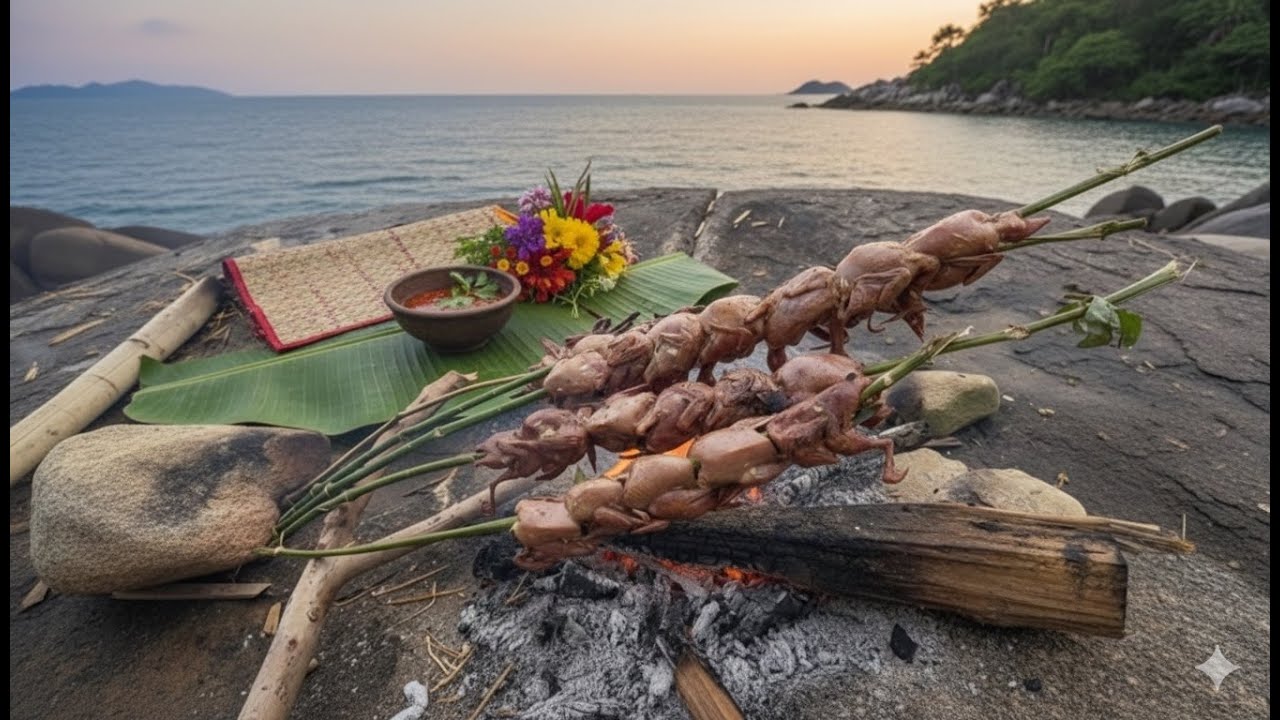 Grill 30 quails on the beach - survive in the wild with MrHunger
