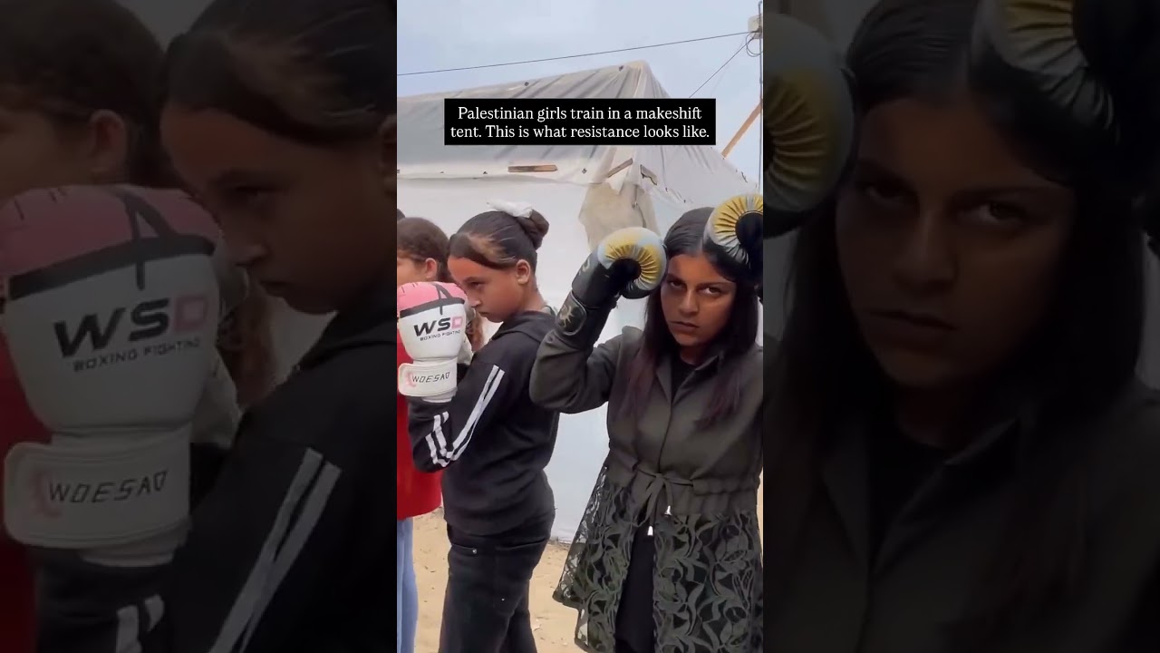 Palestinian girls train boxing in a makeshift tent in Gaza 