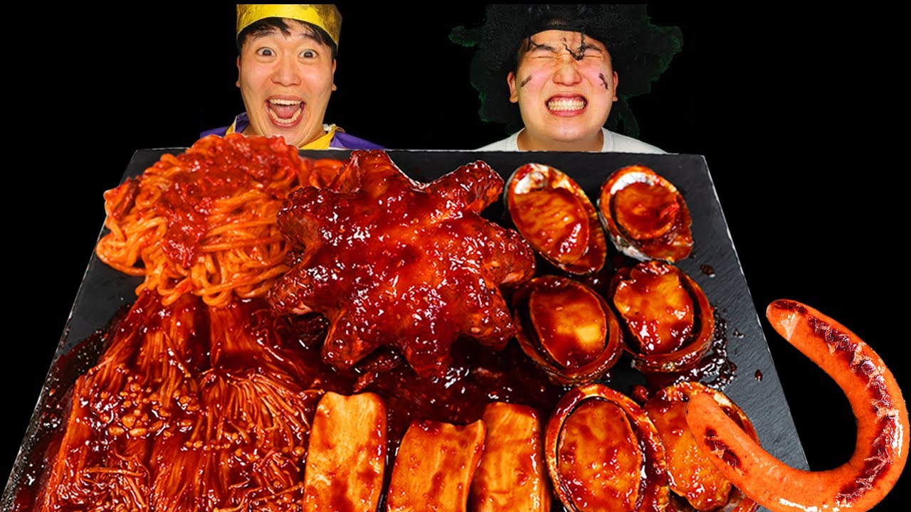 [Mukbang ASMR] острые 🔥 осьминоги, морепродукты, отварные и грибы эноки, колбаски, рецепт HUBA후바