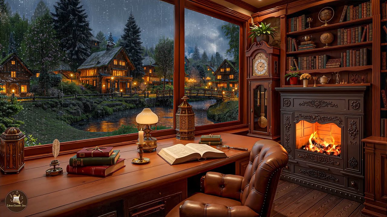 Soft Jazz for Rainy Evenings - Relaxing Jazz in a Cozy Wooden Library with Fireplace & Rain Sounds