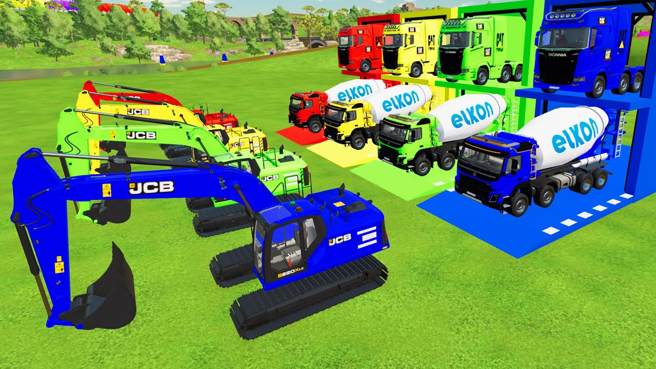 TRANSPORTING COLORFUL EXCAVATOR, VOLVO MIXER TRUCK TO GARAGE WITH FLATBED TRAILER TRUCK - FS 22