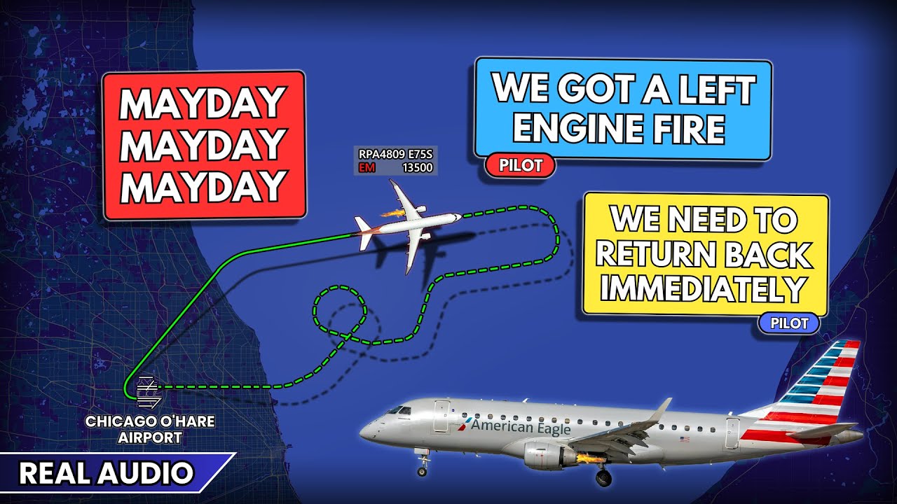Engine fire. MAYDAY. Immediate return requested. Republic Embraer E175 returns to Chicago. Real ATC