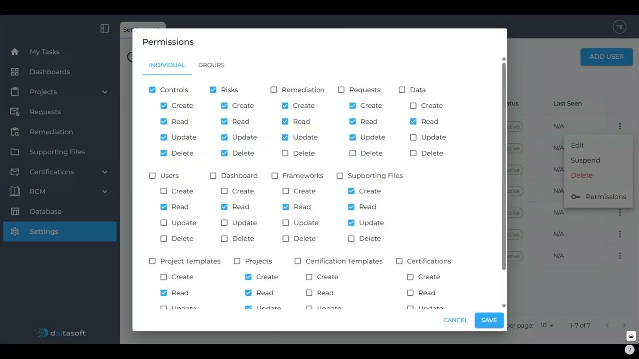 daitaGRC Training 10.1 - User and Group Permissions in the Settings Module