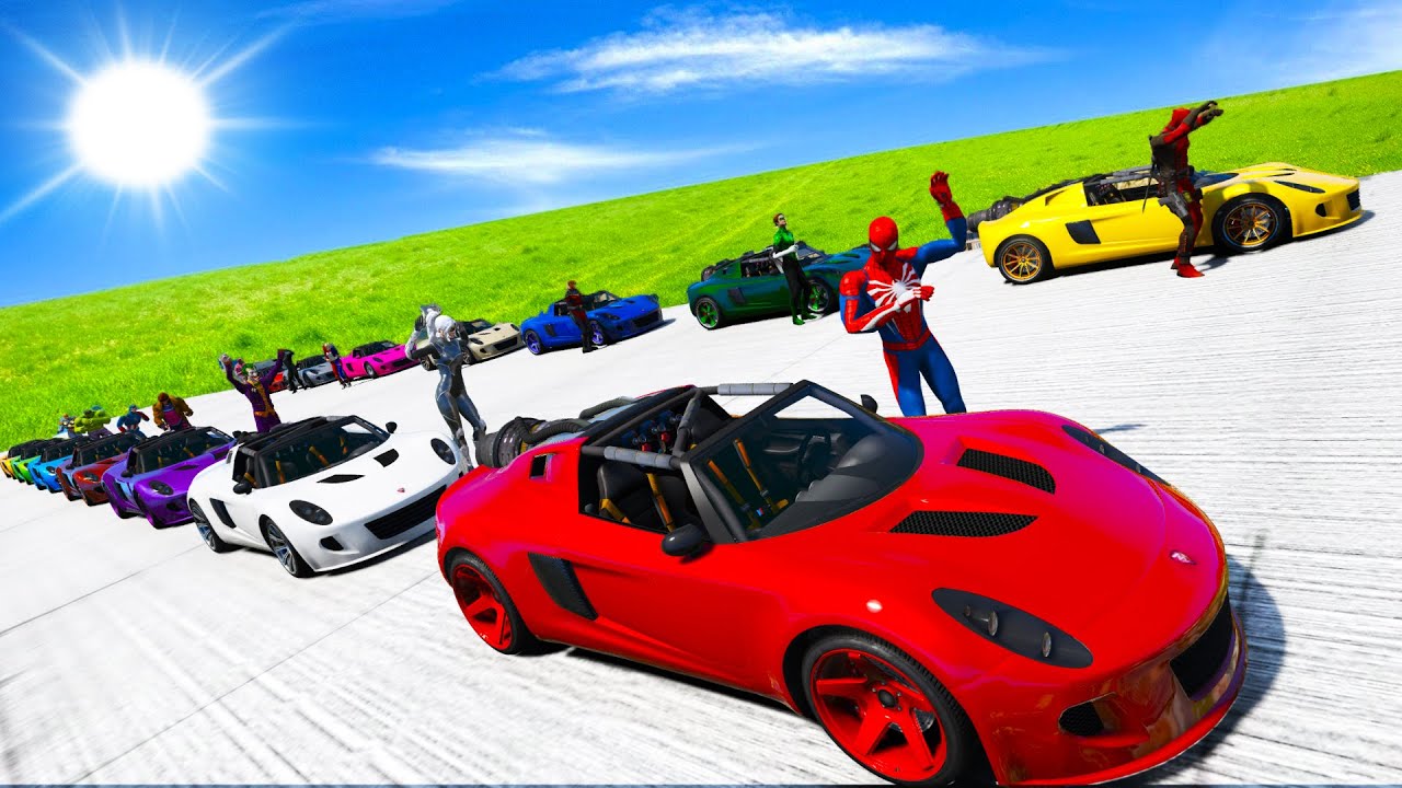 Spider-man with Crazy Rocket Cars and Heroes! Stan Lee Сhallenge on Stunts Ramp GTA 5