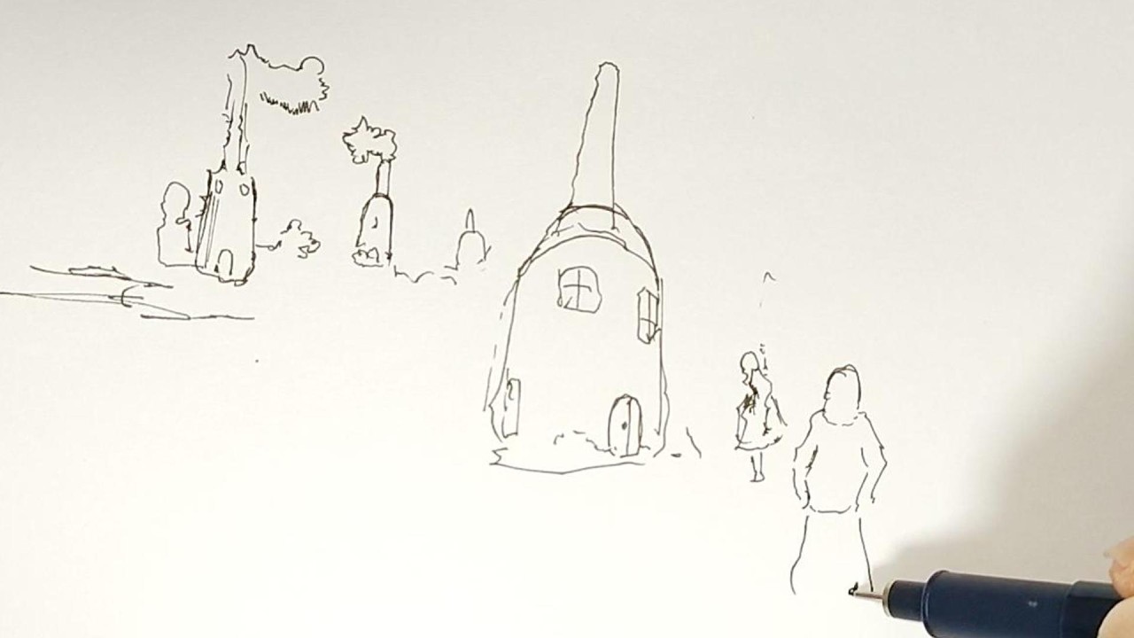 ペンでファンタジー風景を描く。