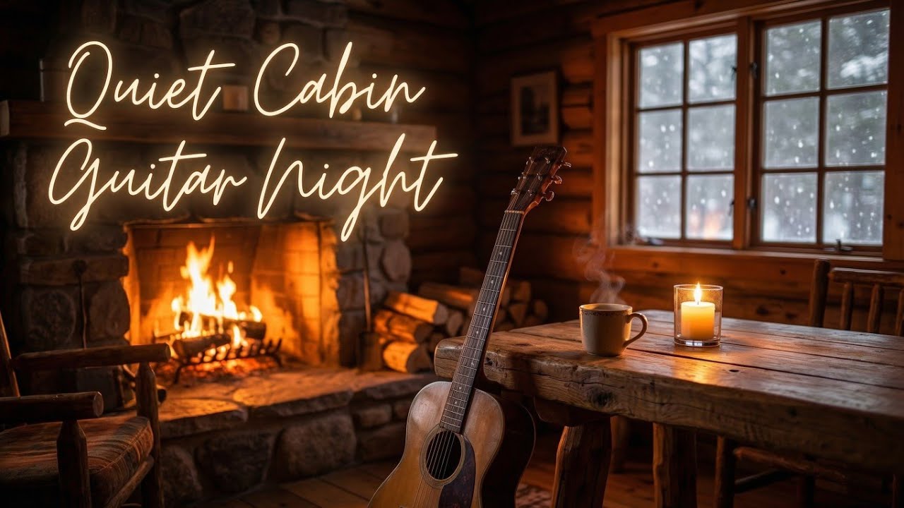 Relaxing Acoustic Guitar by the Fireplace | Cozy Cabin Night Ambience 