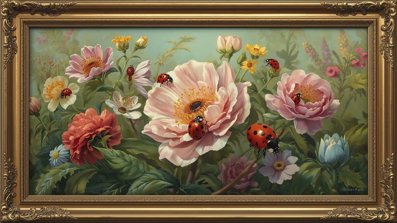 2 Hours Framed Painting Screen | Pink Peony & Ladybug Floral Still Life | 4K