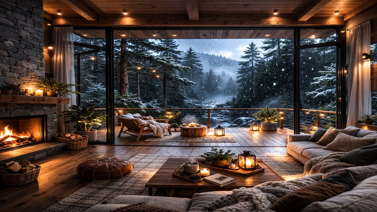 Lofi Piano Jazz in Cozy Winter Cabin ❄️ Snowfall & Fireplace Ambience for Study and Relax