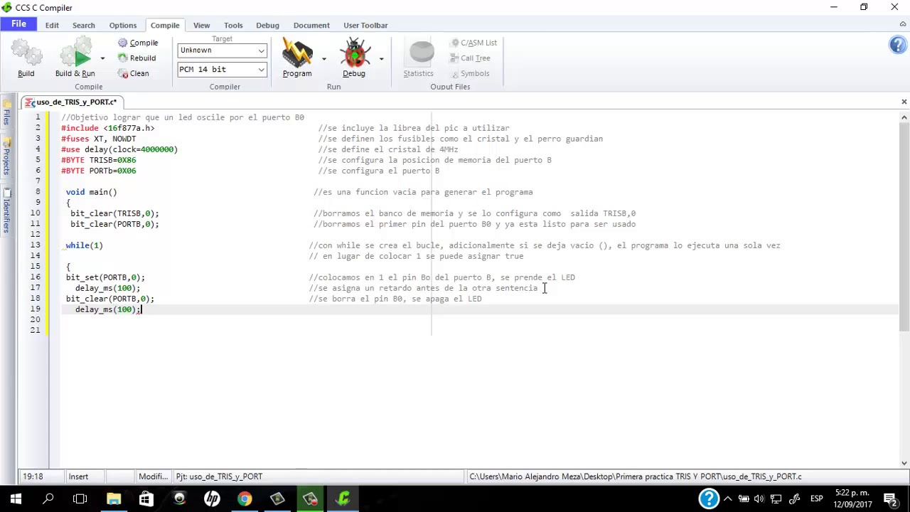 Oscilación de un LED con el PIC 16F877A usando el comando TRIS Y PORT