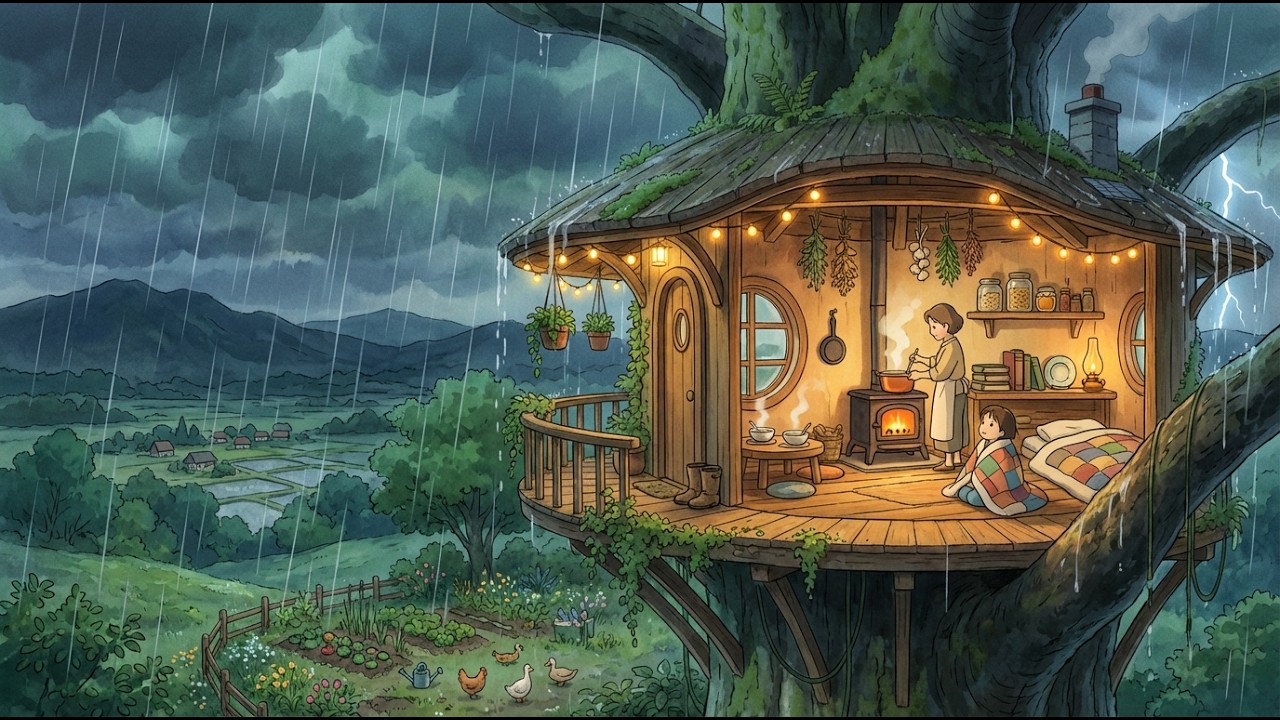 Heavy Rain Outside, Warm Porridge in Our Cozy Treehouse Kitchen] Ghibli  style Animation ASMR Sleep