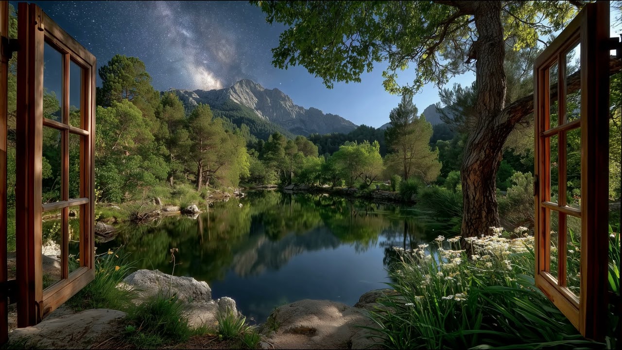 Open Window to a Mountain Lake at Night 4K Screensaver | Peaceful Nature Art For TV