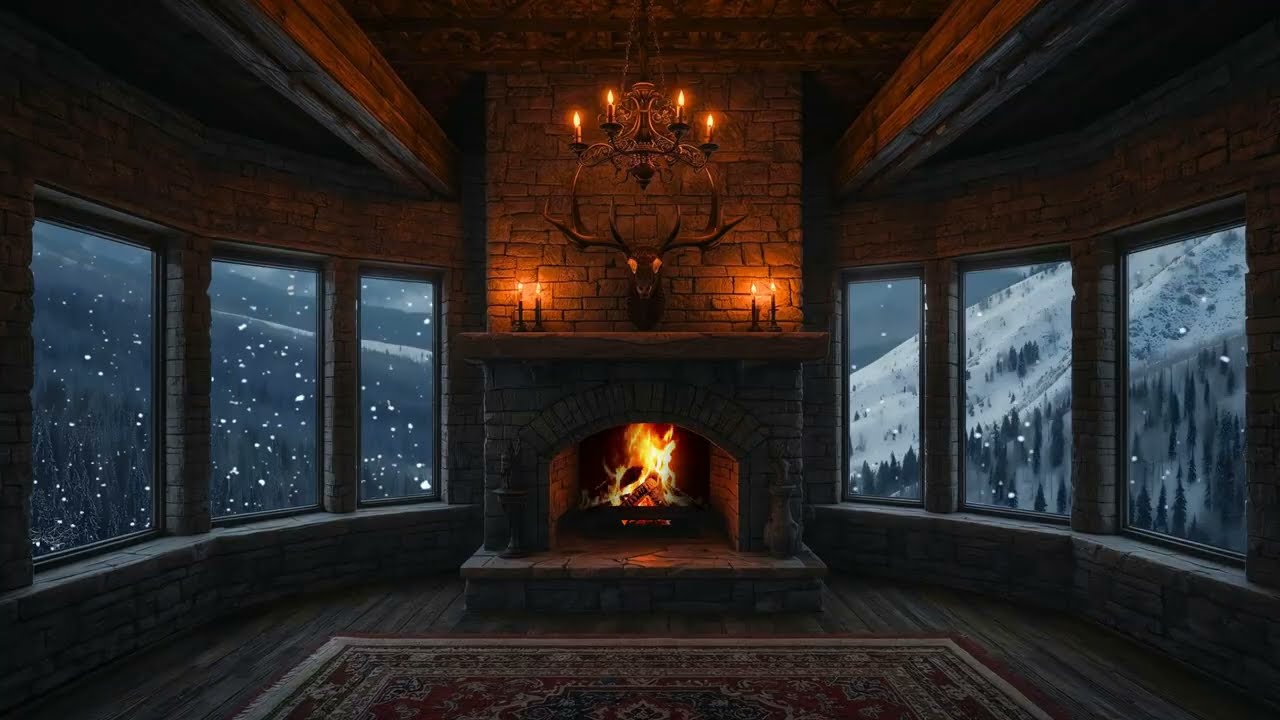 Caucasus-Style Fireplace – Mountain Heritage Calm with Panoramic Snow & Crackling Fire