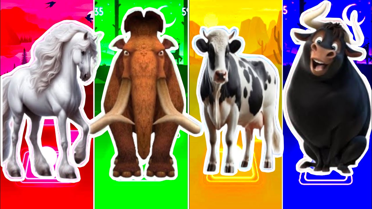 🐃 Funny Ferdinand 🆚 🦣 Funny Mammoth 🆚 🐄 Funny Cow 🆚 🐎 Funny Horse | Coffin Dance | Tiles Hop 🌈🌈