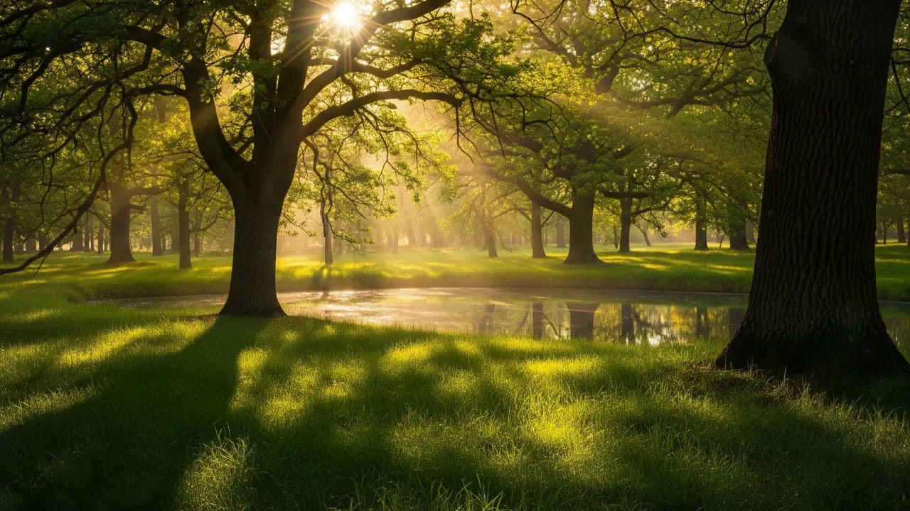 Golden Light in a Tranquil Forest Oasis