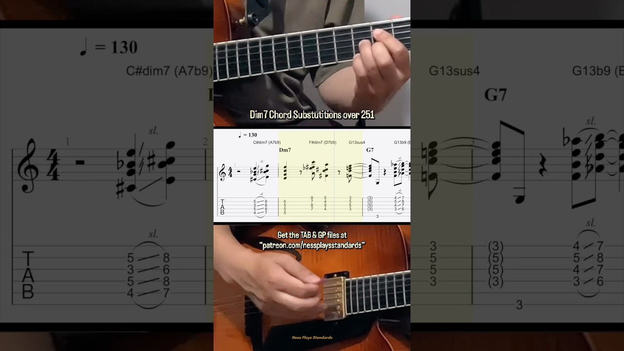 251 with Dim7 Subs + Bluesy Ending #Shorts #JazzGuitarShorts #Dim7 #251 #ChordSolo#notalking