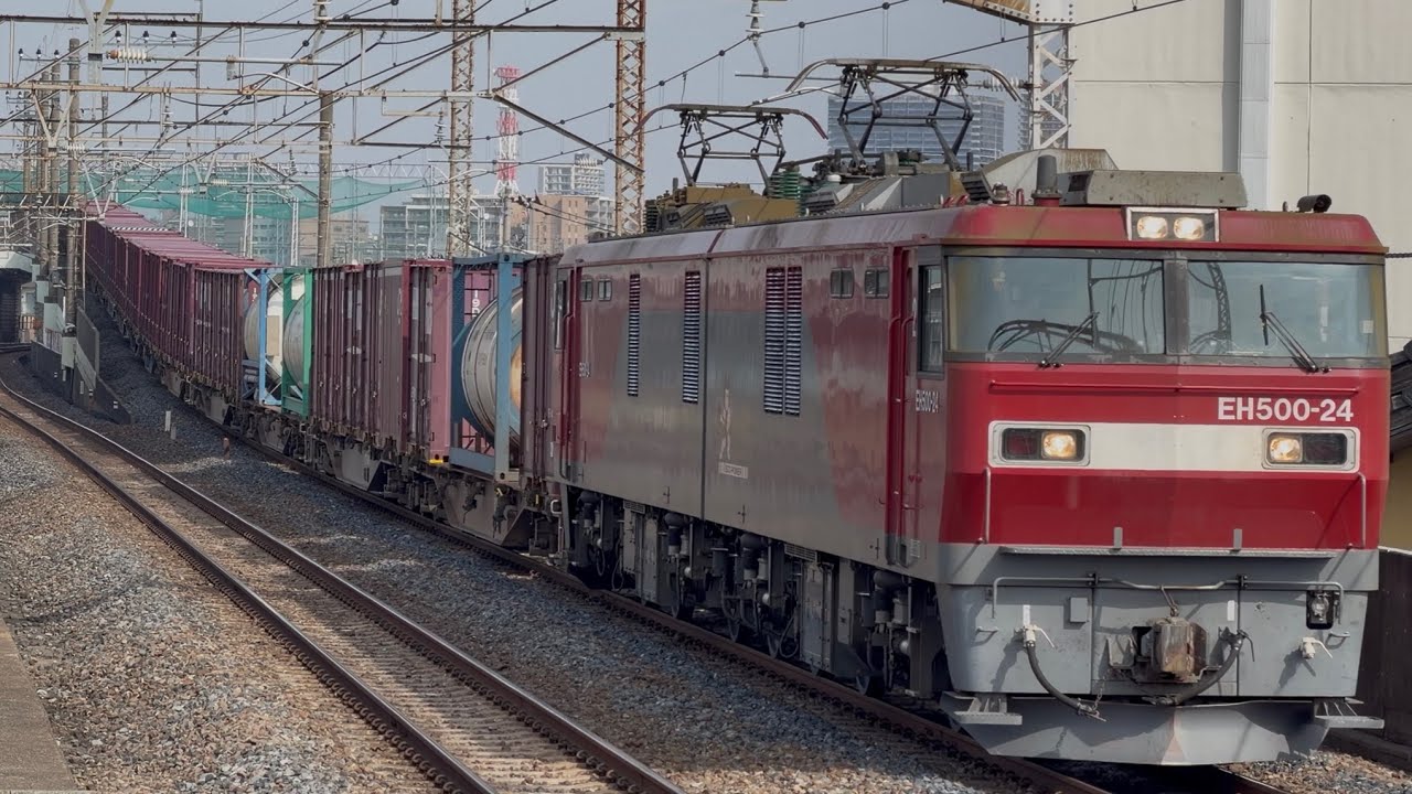 【4K高画質】【好積載】JR貨物EH500形24号機〔仙貨〕＋コキ20両が西浦和駅1番線を通過するシーン（3072レ・仙貨A161・コンテナ輸送）2026.2.14