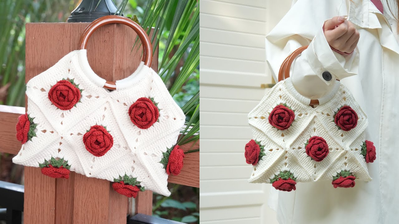 Crochet Rose Flower Granny Square Bag - Free Pattern