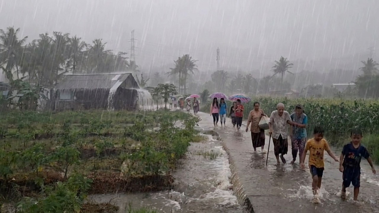 Heavy Rain Falls Over Quiet Rice Field Roads — Walking Through a Stormy Village Countryside Day