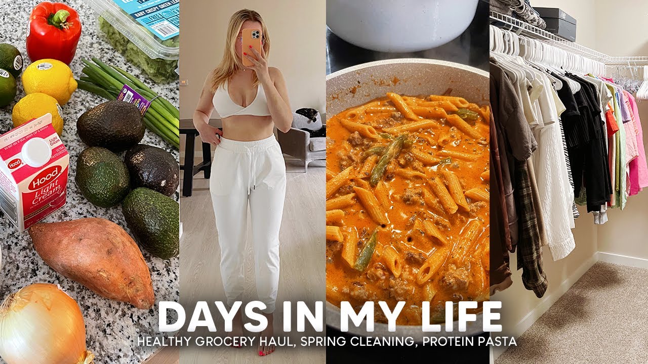 VLOG: huge healthy grocery haul, closet organization, high protein pasta recipe!
