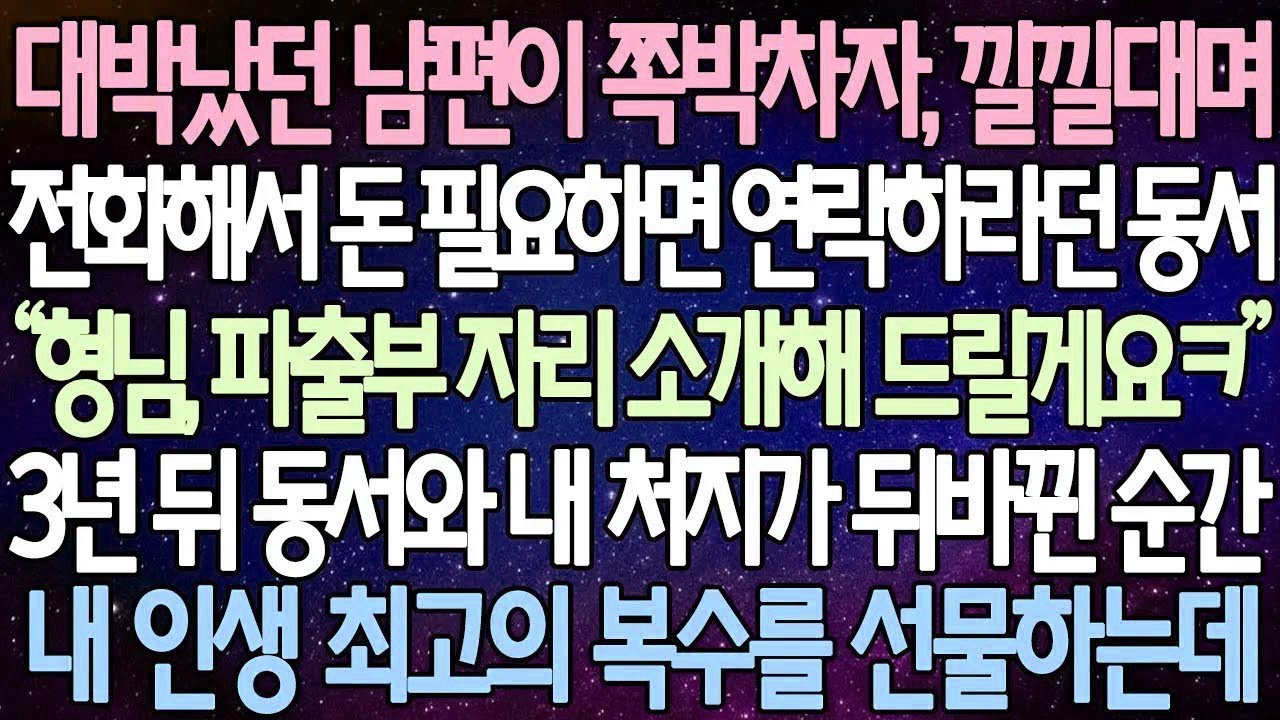반전 사연 대박났던 남편이 쪽박차자, 낄낄대며 전화해서 돈 필요하면 연락하라던 동서 3년 뒤 동서와 내 처지가 뒤바뀐 순간 내 인생 최고의 복수를 선물하는데 사이다사연