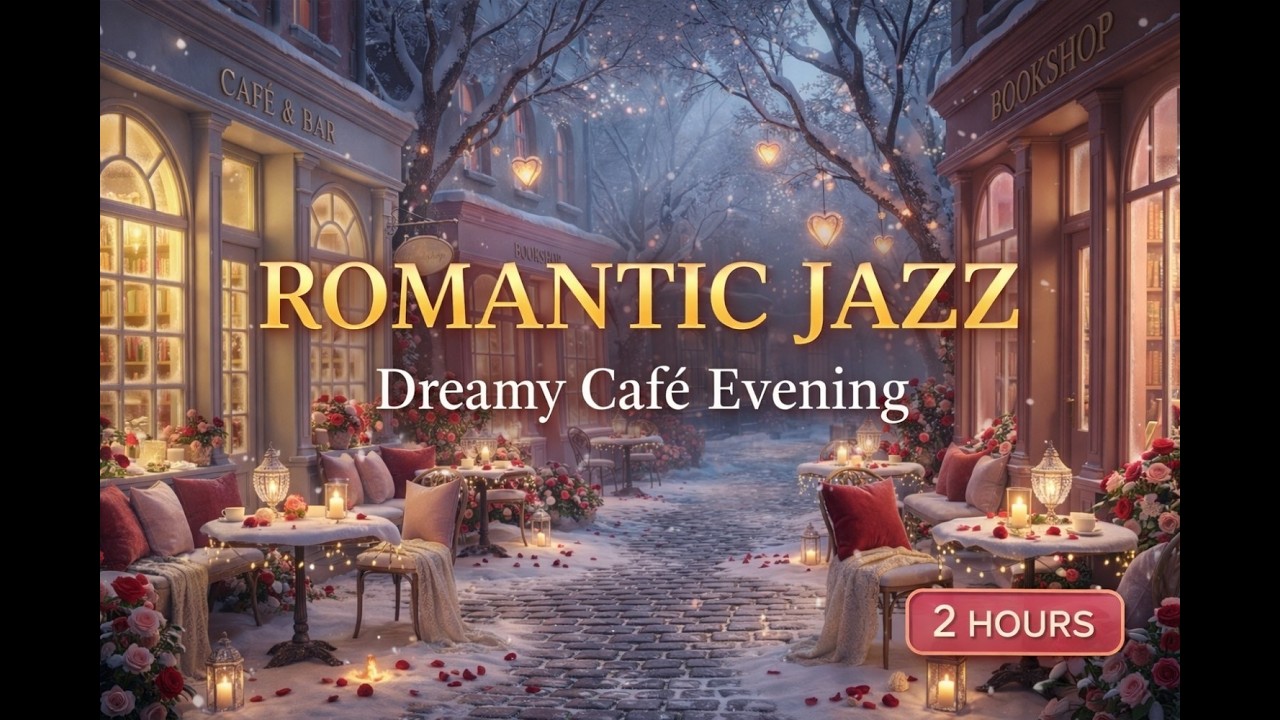 Dreamy Valentine Café Street Ambience 💕 |  2 Hours of Romantic Jazz Music (Cozy Winter Night 4K)