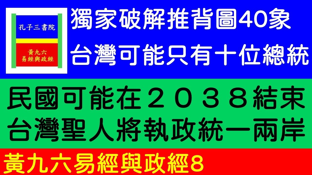 8推背圖40象、台灣可能只有十位總統就結束、結束時間可能在2038年左右、獨家破解此象預言。台灣將現聖人執政、統一兩岸。40象圖中三個小孩、是指台灣三個大人物。#孔子三書院#黃九六易經與政經8
