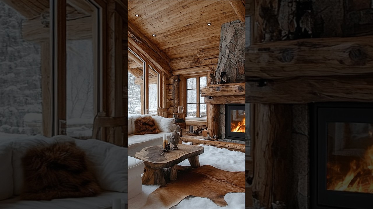 Dreamy winter cabin: Snuggle up by the fire in a snowy mountain escape! 🔥🏔️