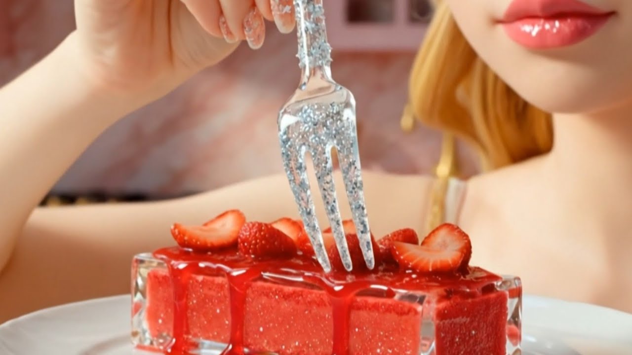 Glass Strawberry Cake ASMR 🍓 | Satisfying Crunchy Sounds | AI Cooking