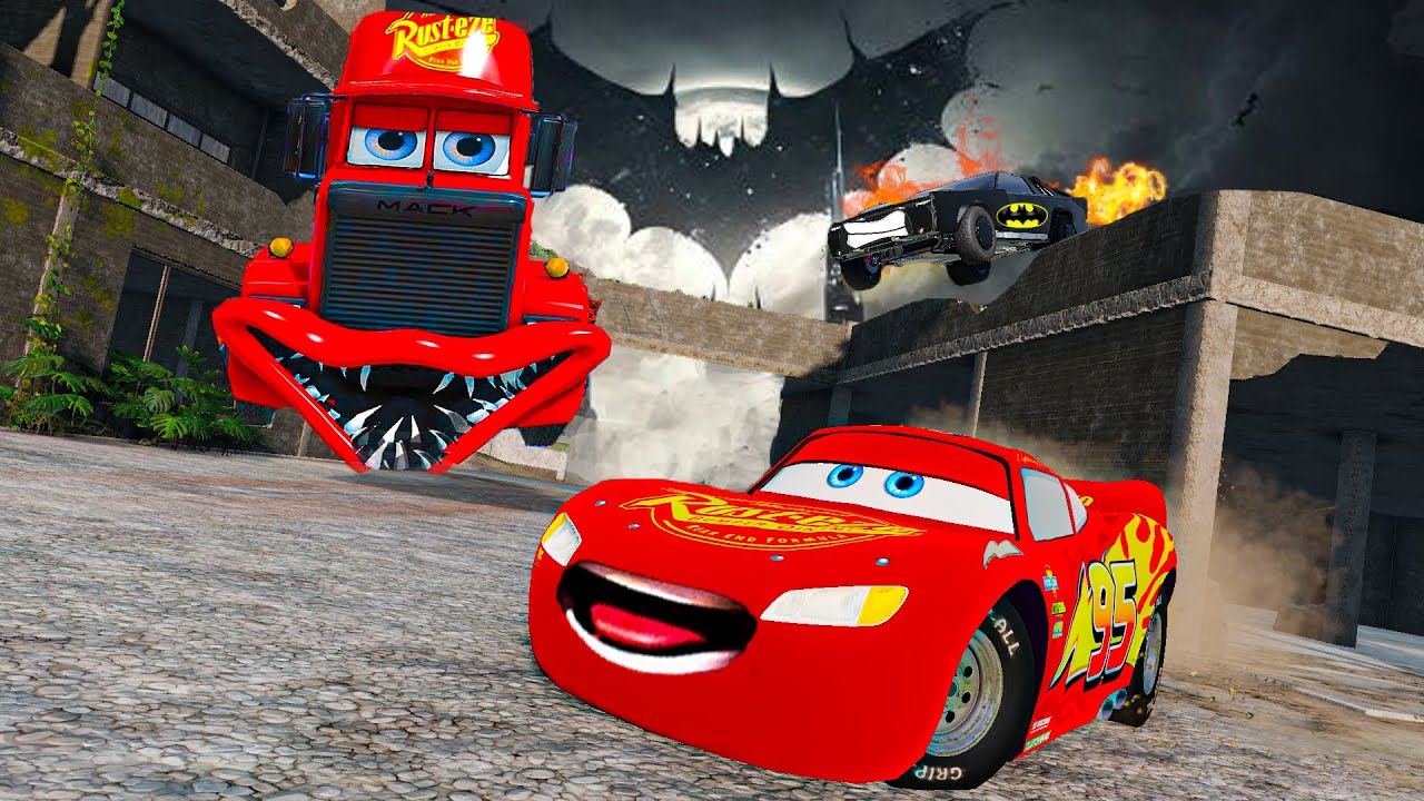 Lightning Mcqueen and BATMOBILE vs Angry MACK TRUCK EATER Pixar Cars in BeamNG.Drive