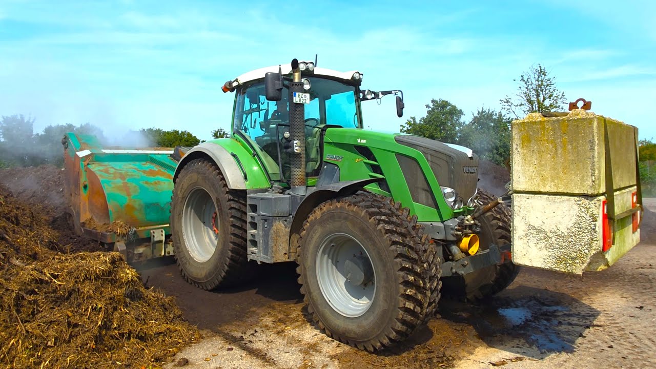 Fendt 828 Vario mit 2,8 t Frontgewicht bei Kompost Berge umsetzen mit 7 t Monster Trac Turn am Heck!