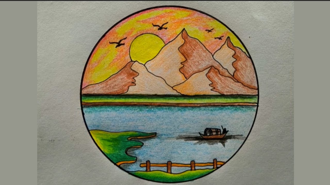 Hill View Sunrise Circle Scenery || Draw Scenery With Color Pencil. #art #drawing #ytvideo 