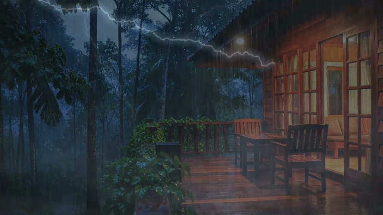 Night Rain and Thunder Outside a Forest Cabin Deck | Calm Rain Sounds for Sleep & Relaxation