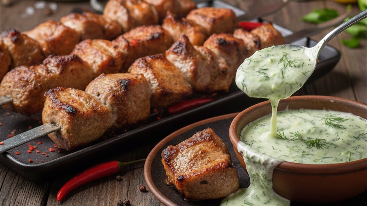 FLAMING SHASHLIK: JUICY PORK WITH CREAMY CUCUMBER SAUCE