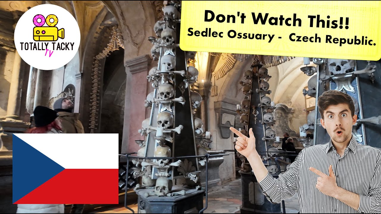 Sedlec Ossuary Bone chandelier -  Creepy Human Bones Crypt  Prague Czech Republic 4K