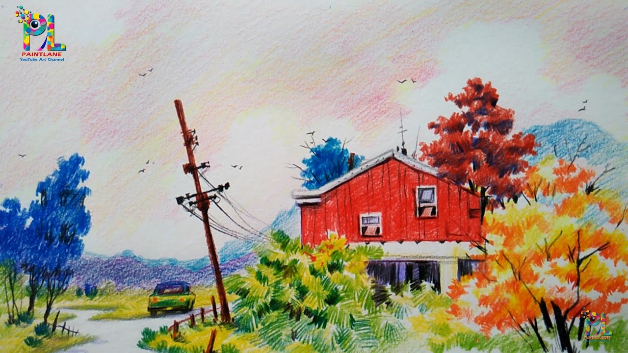 How To Draw A Sketch and Colored A Landscape For Beginners With COLOR PENCILS