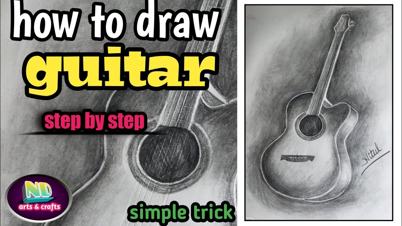 How to draw guitar with pencil, step by step.