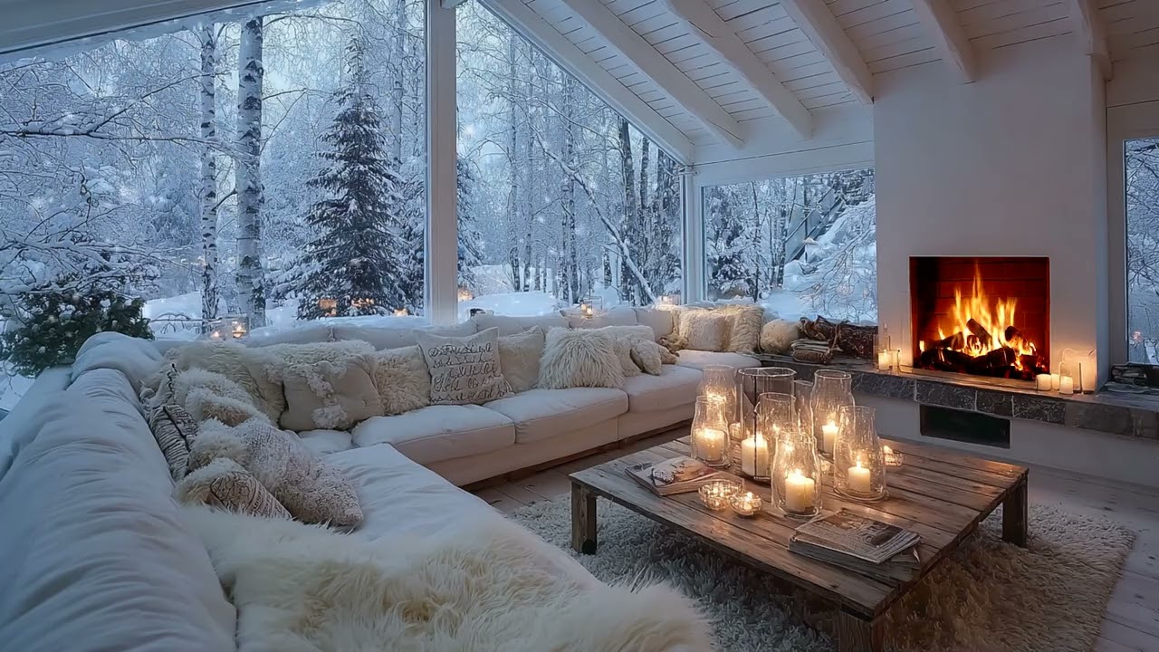 🔥🎹 White Winter Piano Lounge with Gentle Firelight and Floral Touches for 3 Hours of Calm