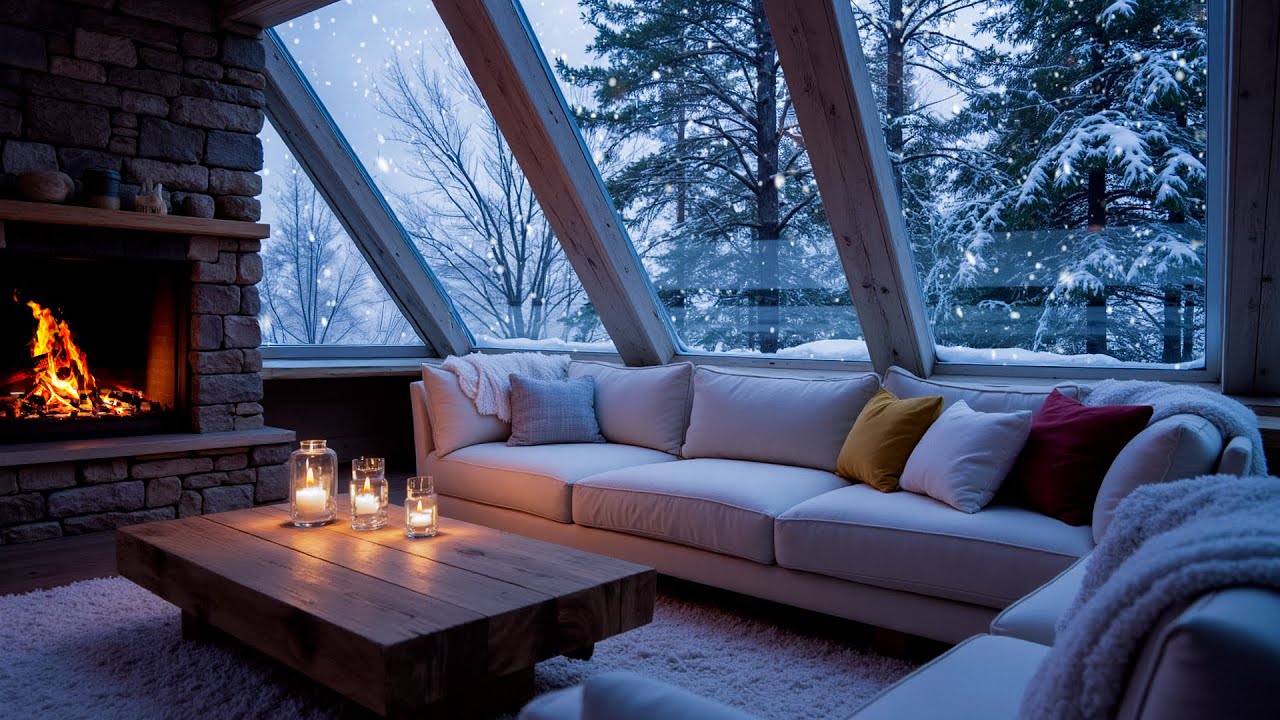 Relaxing Winter Piano Music in a Cozy White Room ❄️🔥 | Snowy & 5 Hours for Stress Relief