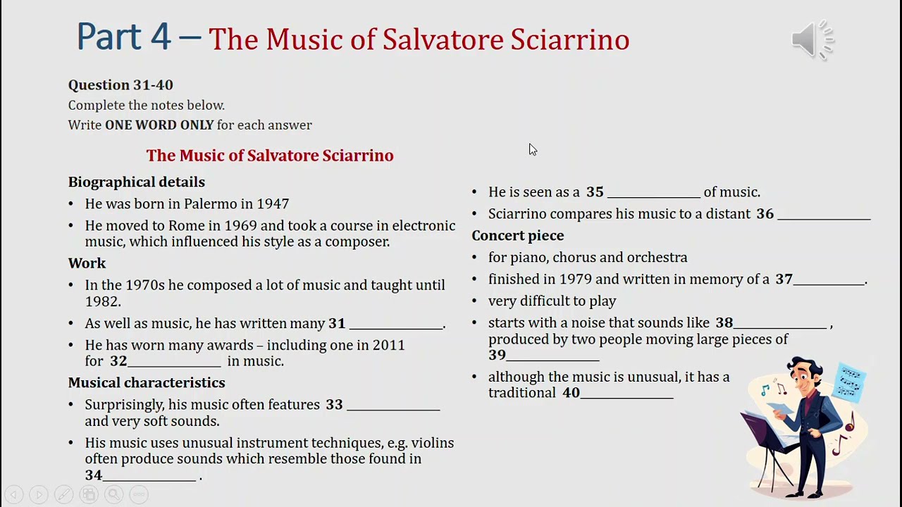 IELTS listening actual test Part 4: The music of Salvatore Sciarrino  (answer+ transcript)