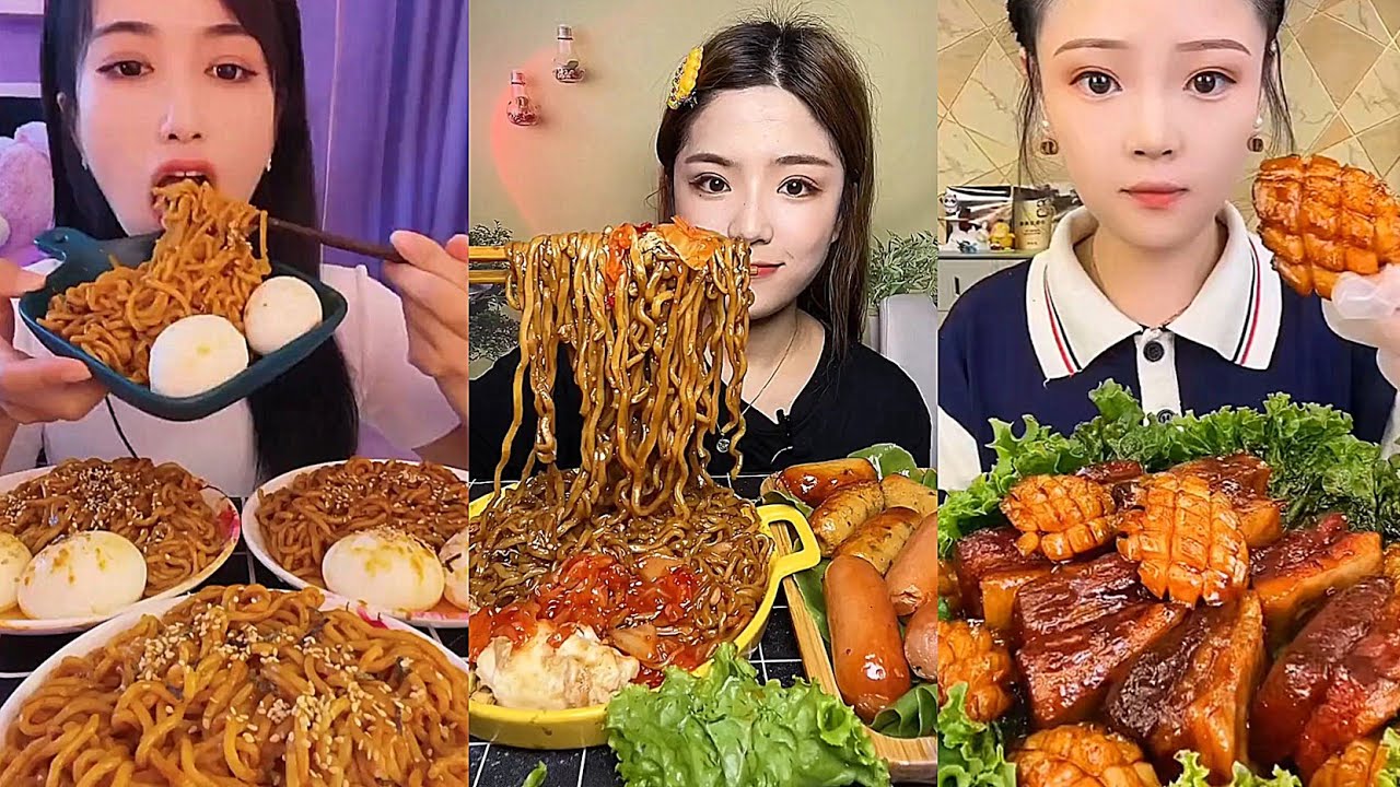 [ASMR] Eating Spicy noodles, boiled eggs, grilled abalone | 사천짜장면, 짜파게티, 전복구이 | Mukbang | 중국 먹방
