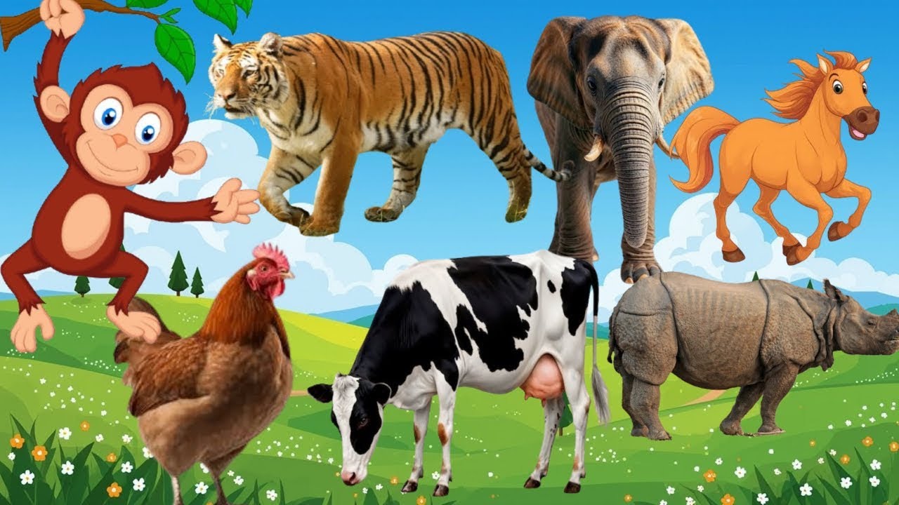 Cute Farm Animals: Cat , Cow ,Cock,Horse,Elephant ,Sheep,Tiger-Animal Video